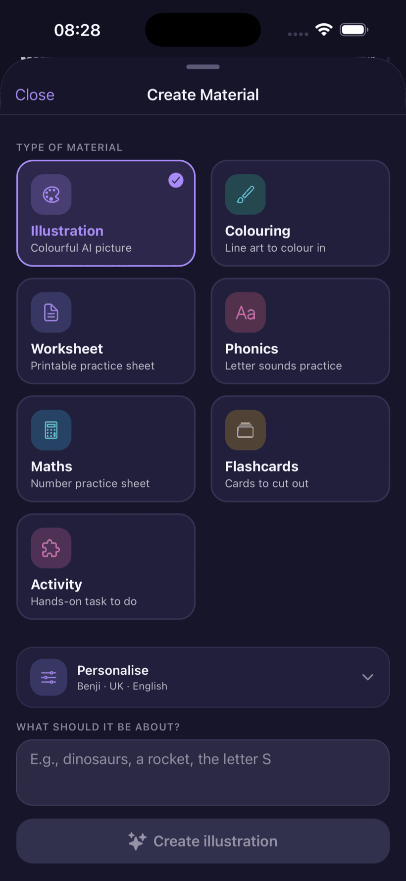 Create Material in the app — illustrations, colouring pages, worksheets, phonics, maths practice and flashcards, personalised to your child