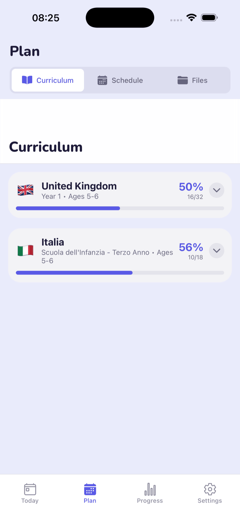 Two curricula running side by side — United Kingdom Year 1 and Italy's Scuola dell'Infanzia, each with its own progress