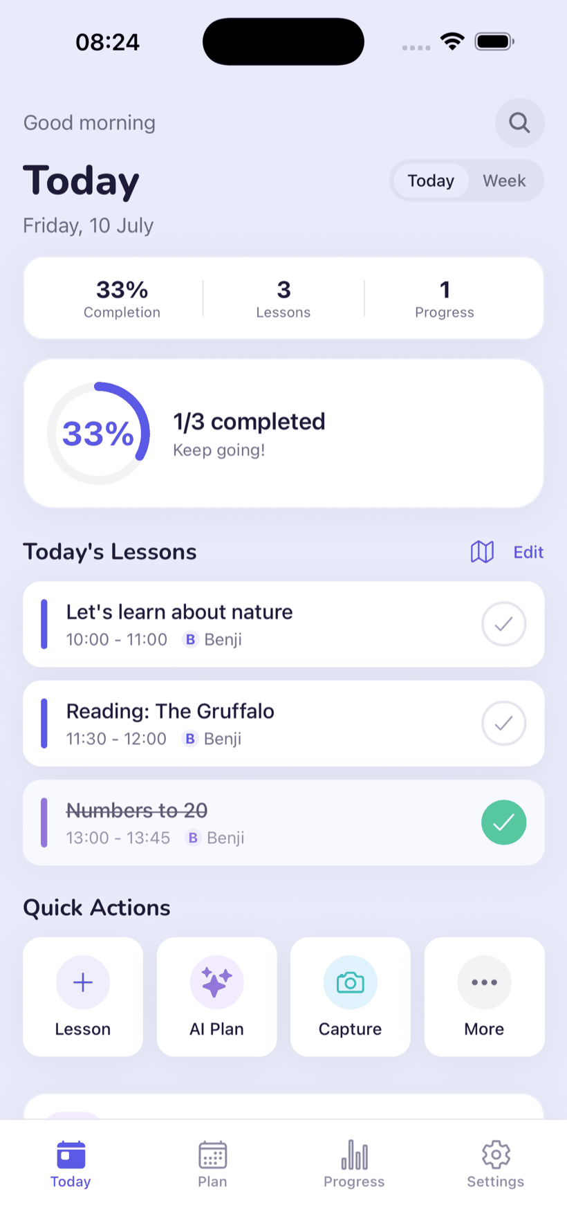 The Today screen — the day's lessons with a completion ring, quick actions and a running progress count