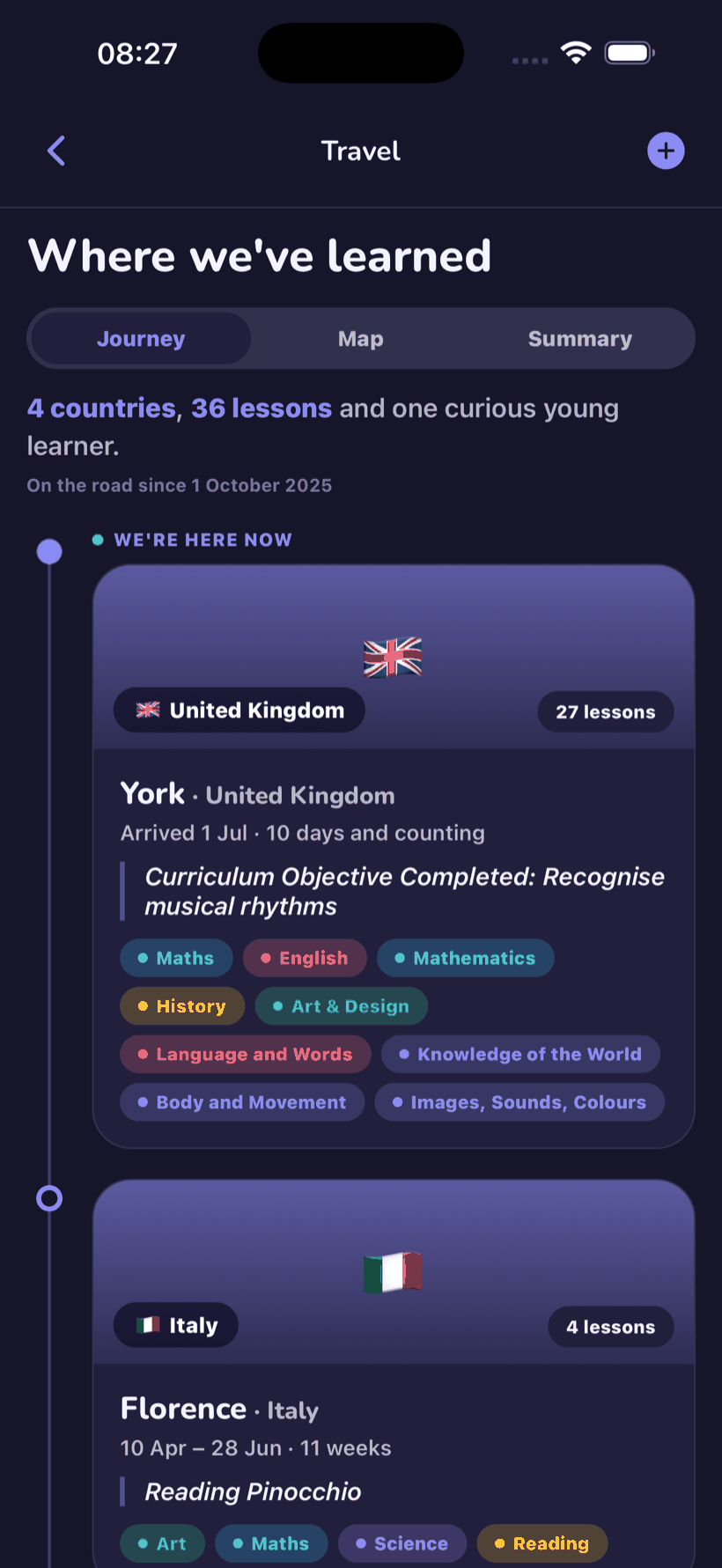 The travel journey timeline — four countries and thirty-six lessons, with the current stay in York and the subjects learned in each place
