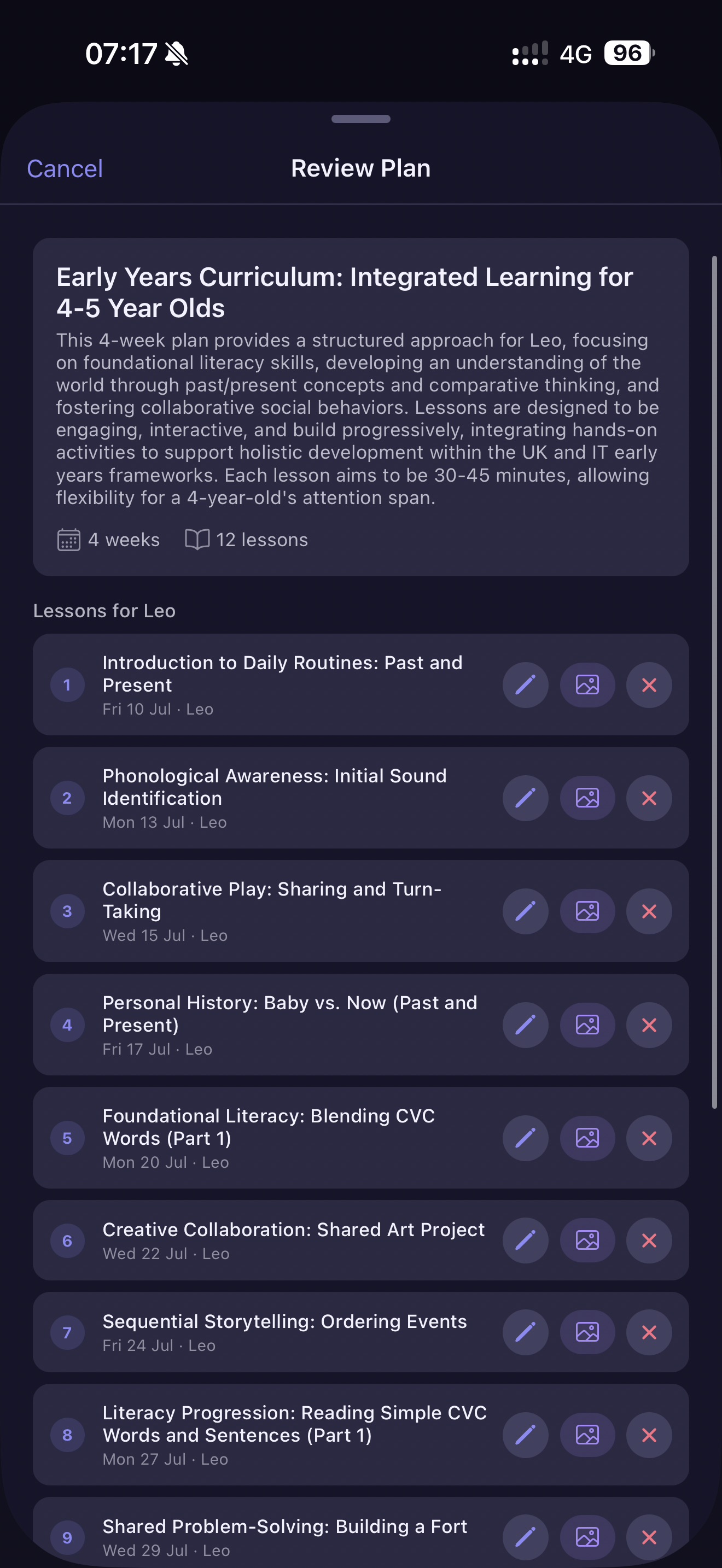 An AI-generated multi-week lesson plan, ready to schedule